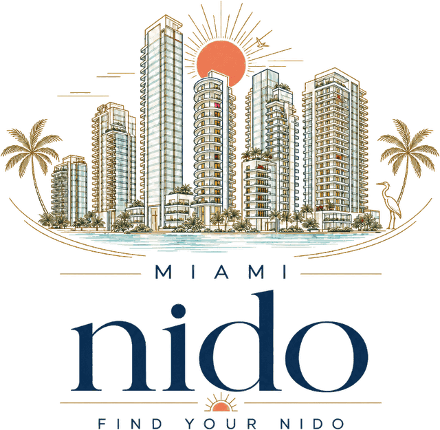 Nido Miami — Find your nido. Illustrated Miami skyline and sun.